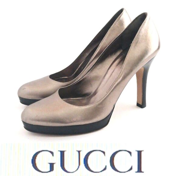 GUCCI Silver Blush Metallic Leather Platform Heels Sz 8 Made in Italy Wood Heel - Picture 1 of 16